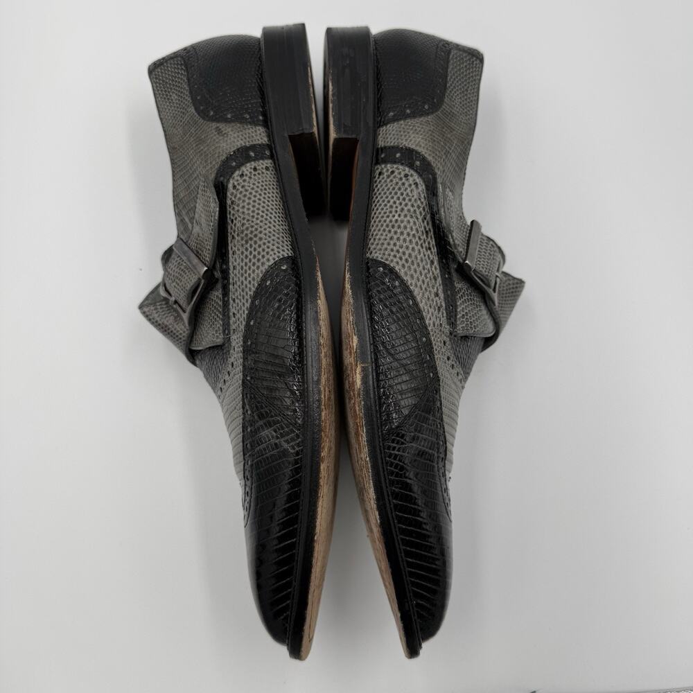 Belvedere 11.5 Lizard Skin Monk Strap Dress Shoes Gray Black Square Toe - Picture 8 of 13